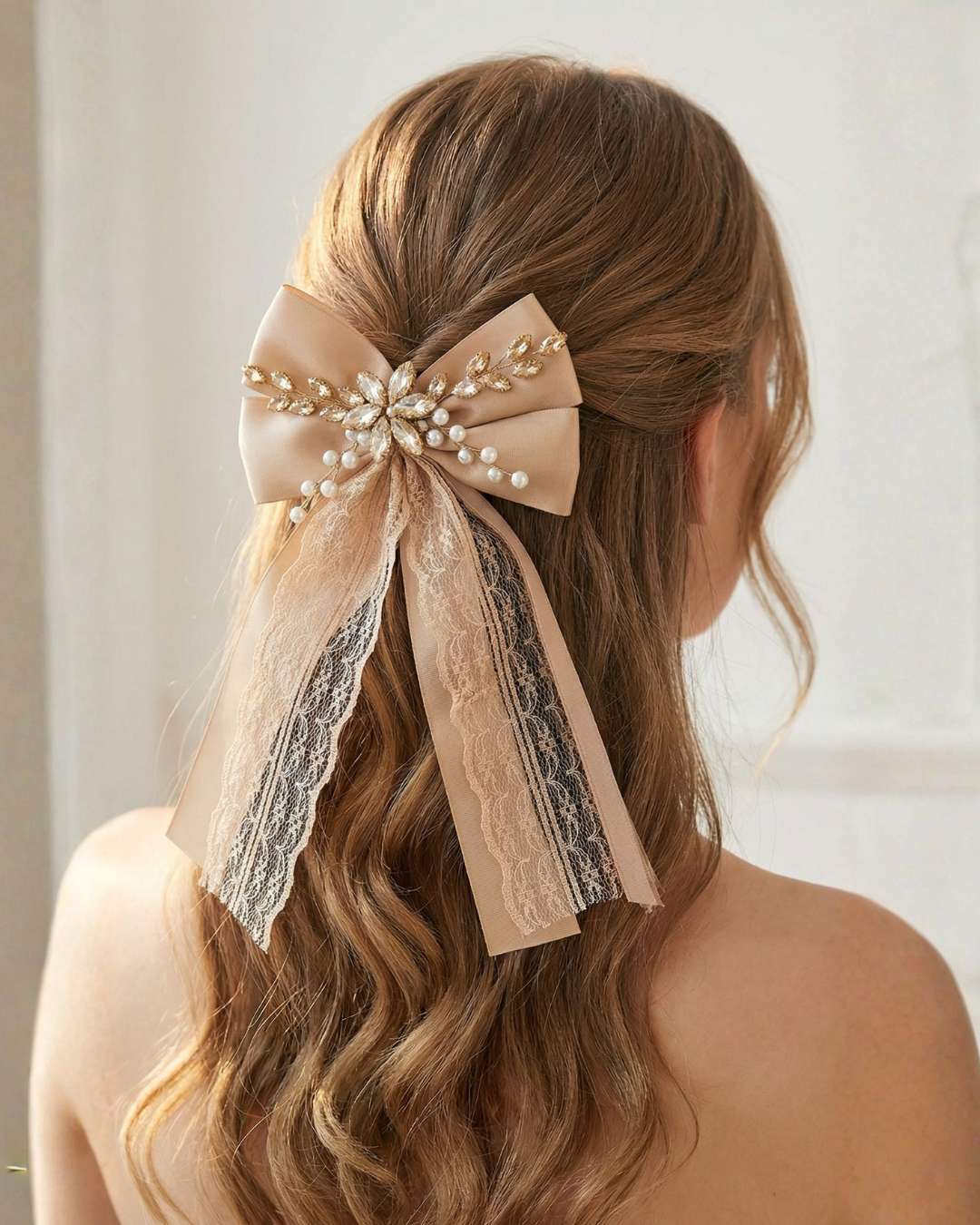 Champagne Silk Lace Bow Hair Clip — Pearls Glam Studio, view 1 of 1
