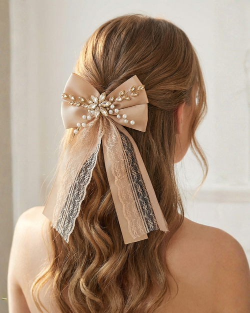 Champagne Silk Lace Bow Hair Clip — Pearls Glam Studio, view 1 of 1