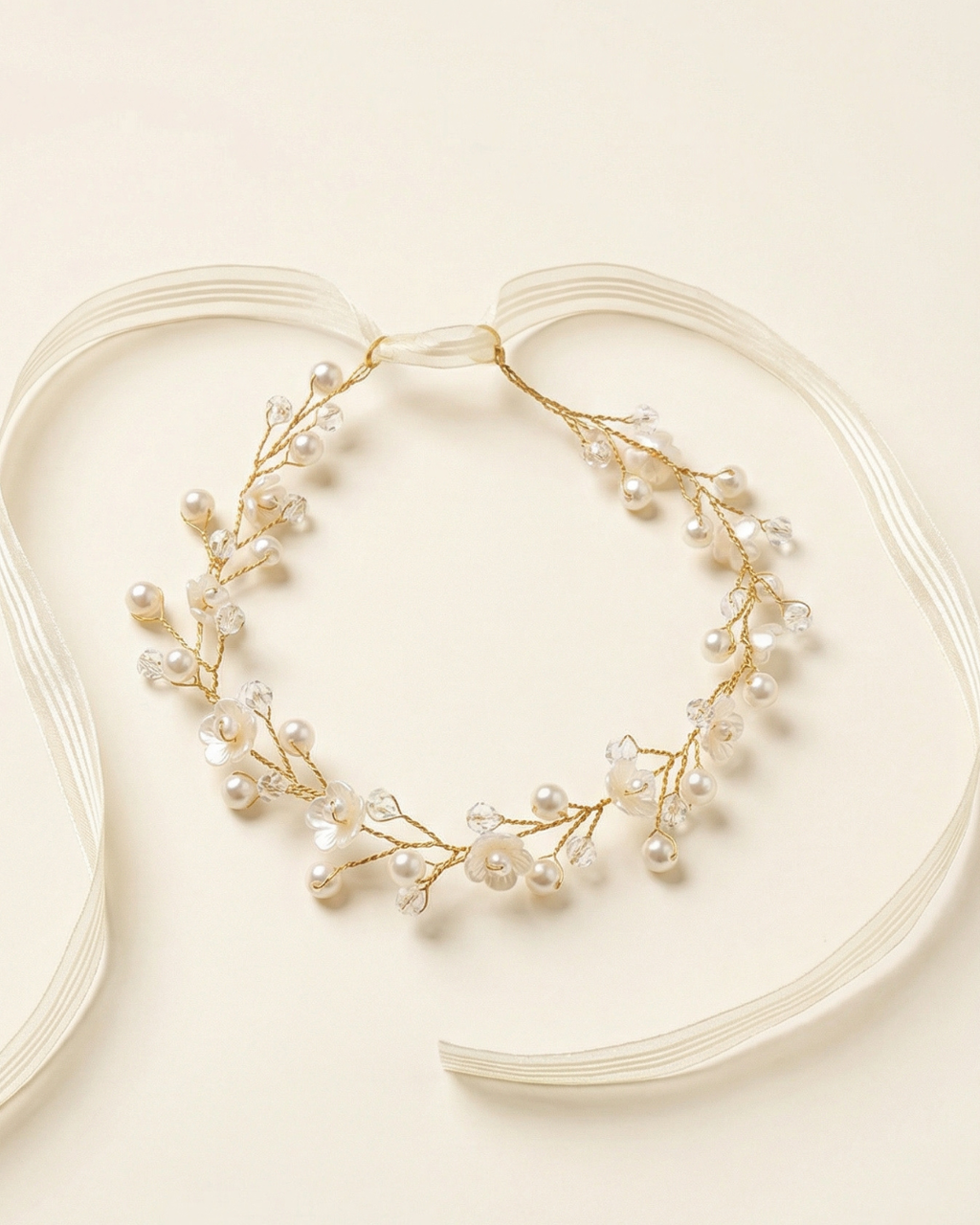 Pearl & Crystal Hair Vine with Ribbon Tie — Pearls Glam Studio, view 3 of 5