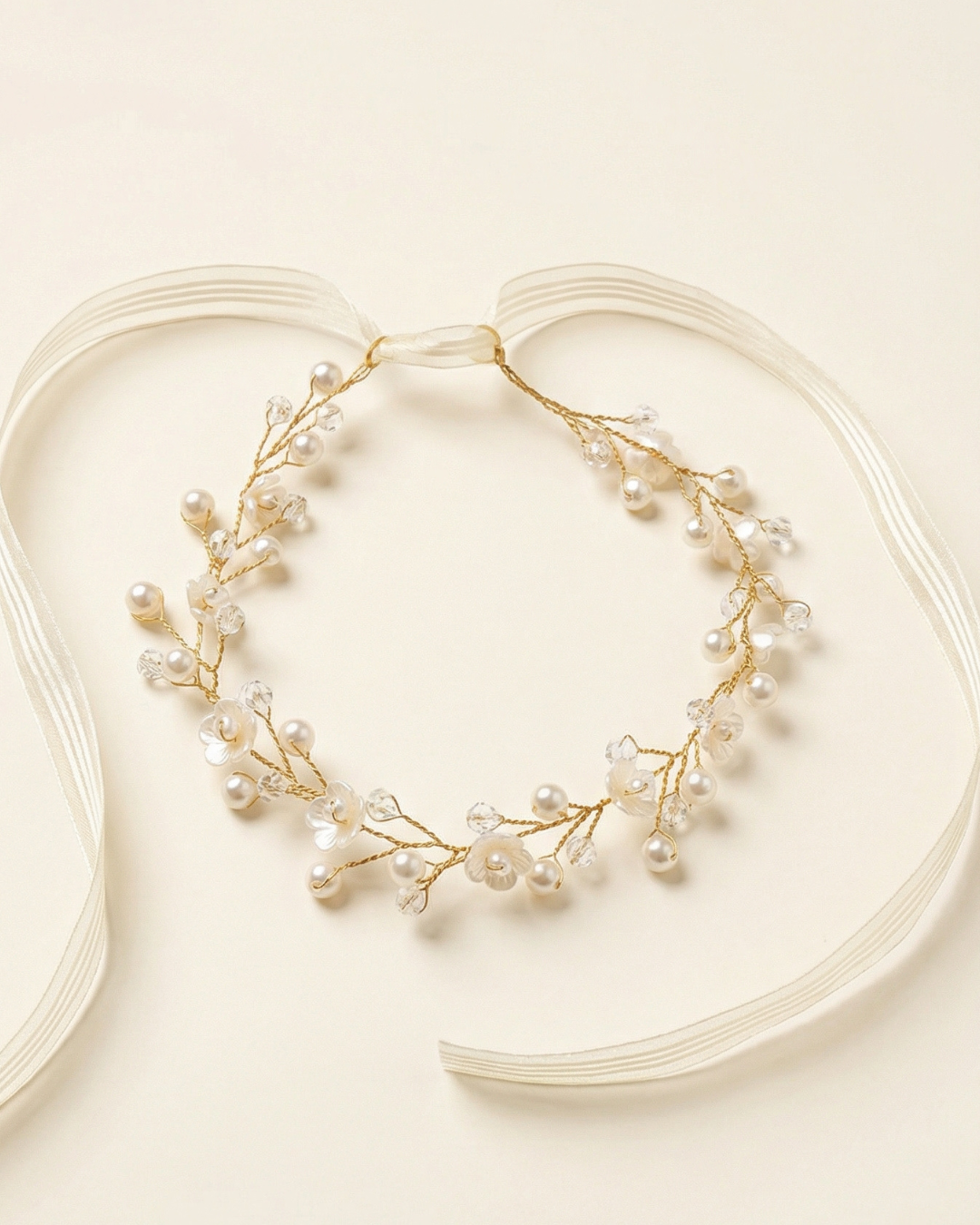 Pearl & Crystal Hair Vine with Ribbon Tie — Pearls Glam Studio, view 3 of 5