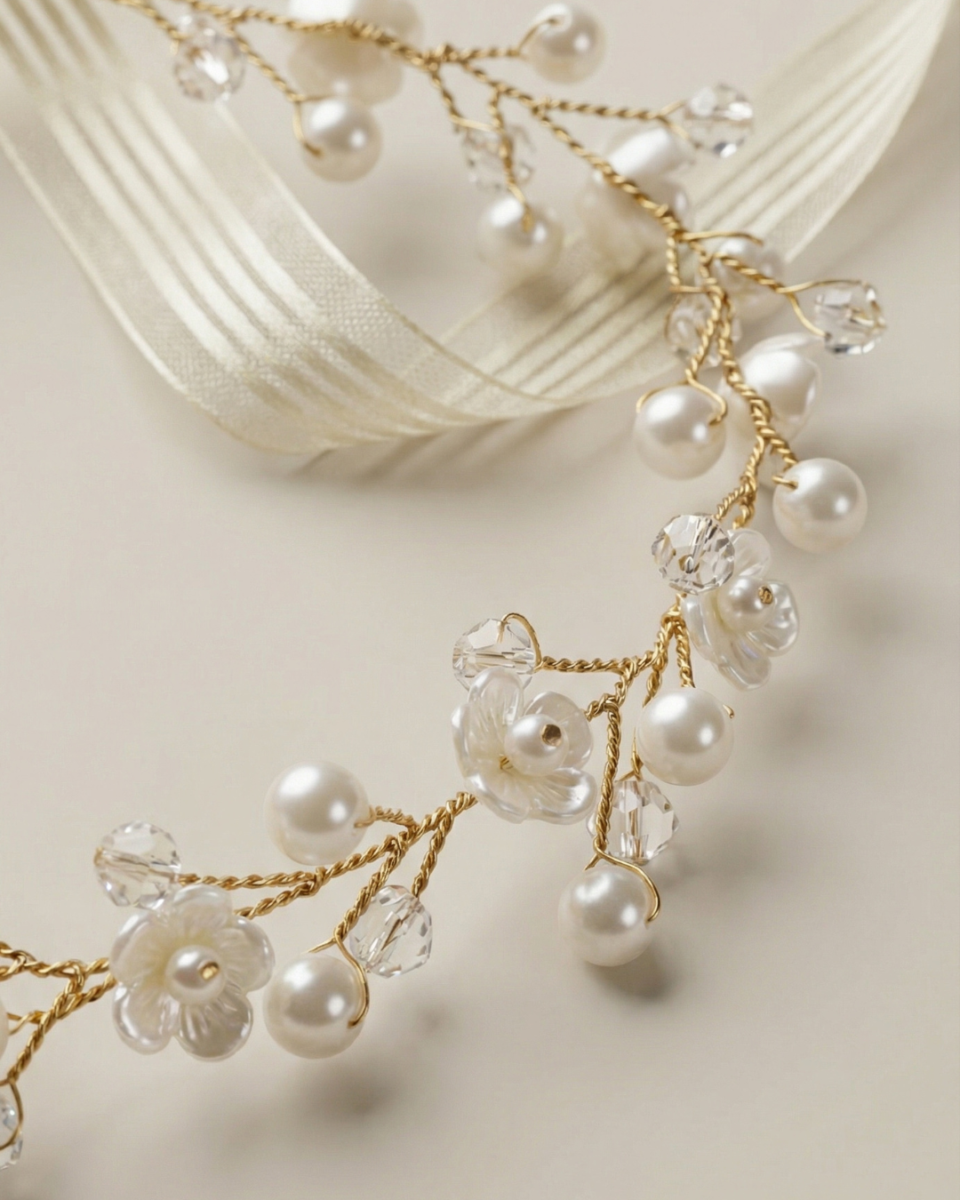 Pearl & Crystal Hair Vine with Ribbon Tie — Pearls Glam Studio, view 4 of 5