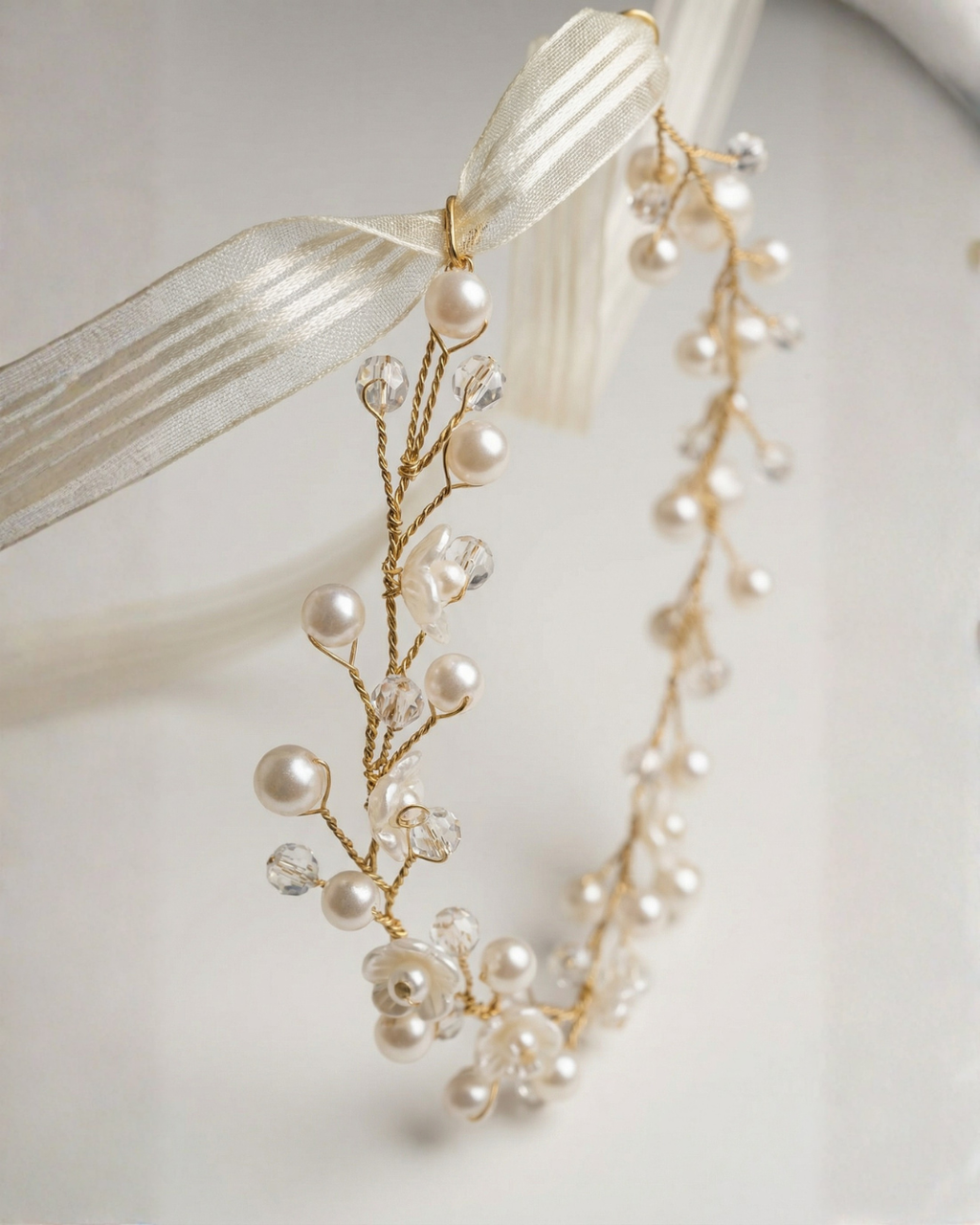 Pearl & Crystal Hair Vine with Ribbon Tie — Pearls Glam Studio, view 1 of 5
