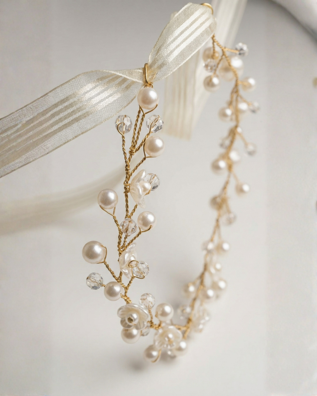 Pearl & Crystal Hair Vine with Ribbon Tie — Pearls Glam Studio, view 1 of 5