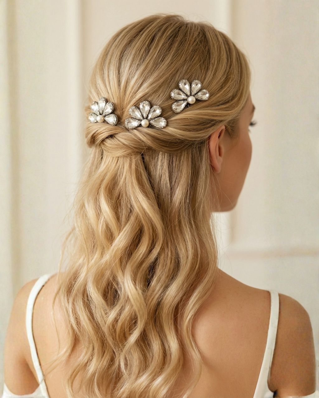Rhinestone flower hair pins with pearl centres, set of three — Pearls Glam Studio