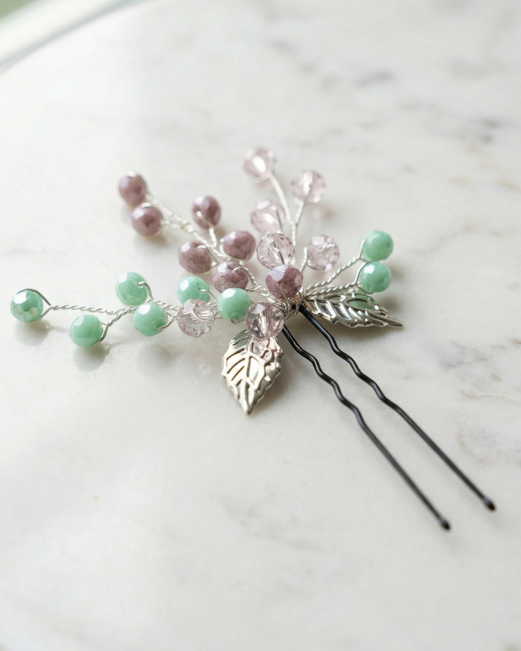 Pastel Beaded Leaf Hair Pin — Pearls Glam Studio, view 2 of 8