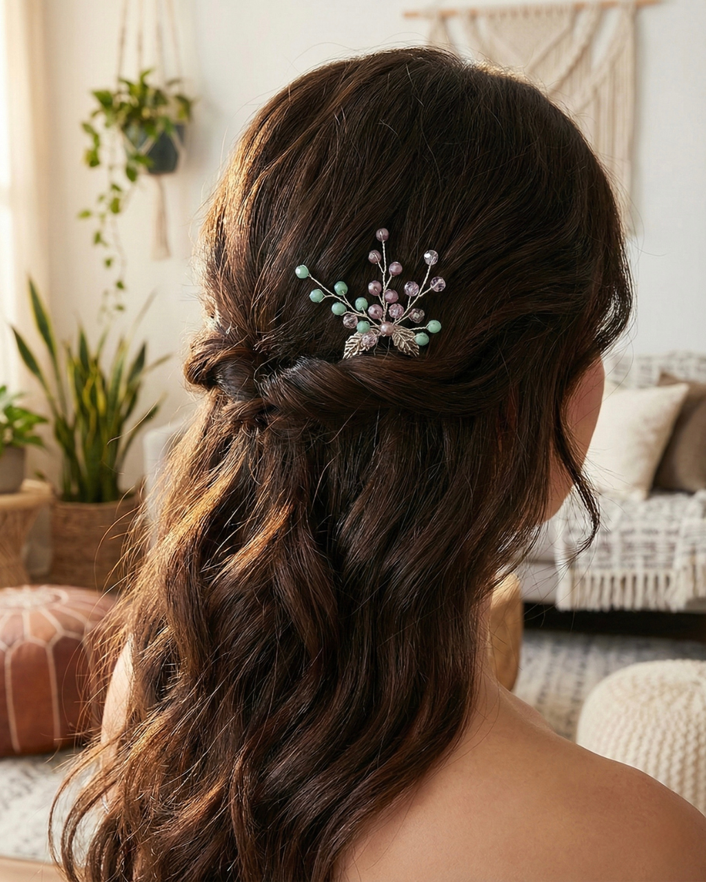 Pastel Beaded Leaf Hair Pin — Pearls Glam Studio, view 1 of 8