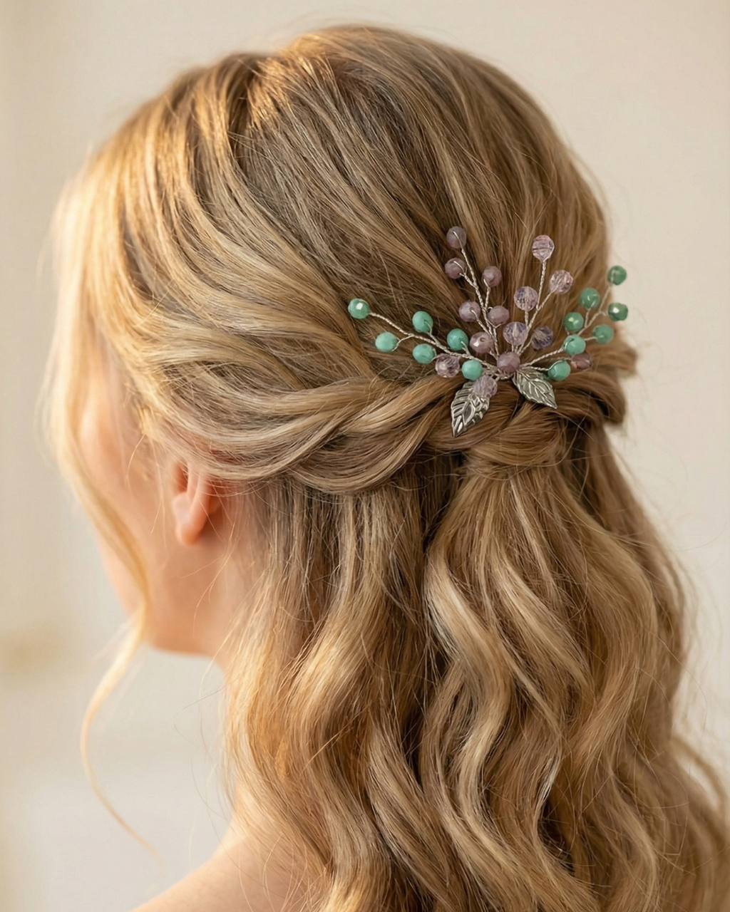 Pastel Beaded Leaf Hair Pin — Pearls Glam Studio, view 3 of 8