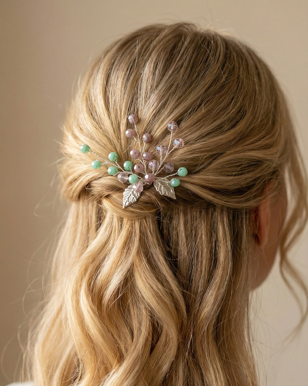 Pastel Beaded Leaf Hair Pin — Pearls Glam Studio, view 5 of 8