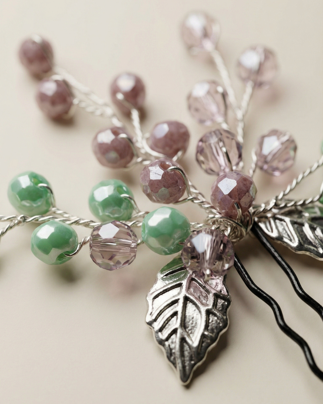 Pastel Beaded Leaf Hair Pin — Pearls Glam Studio, view 7 of 8