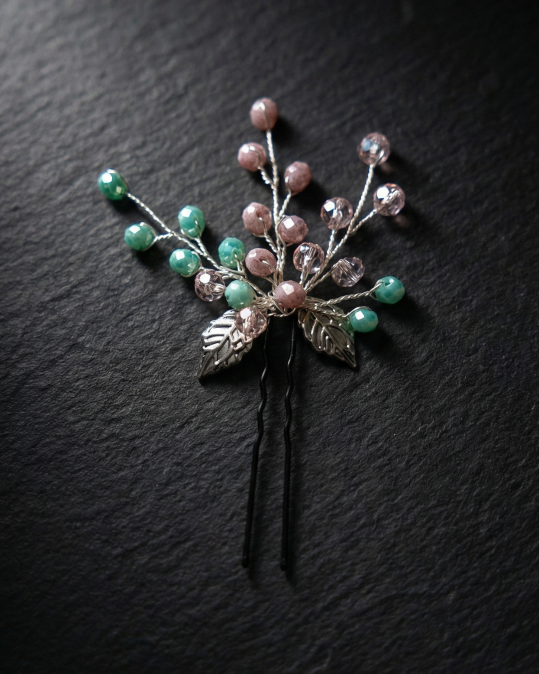 Pastel Beaded Leaf Hair Pin — Pearls Glam Studio, view 8 of 8