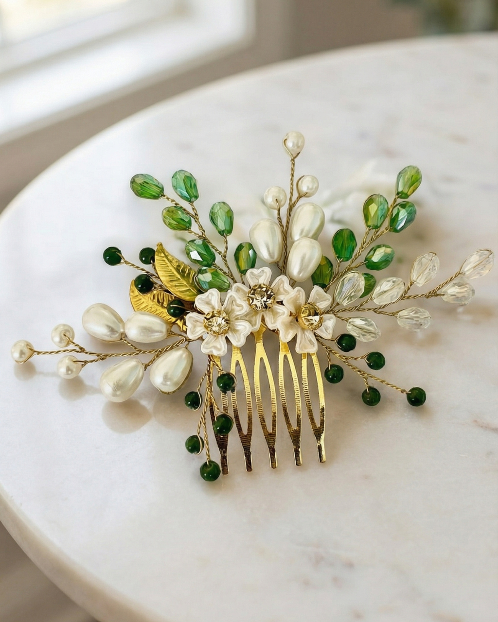 The Verdelle Pearl & Green Crystal Hair Comb — Pearls Glam Studio, view 5 of 5