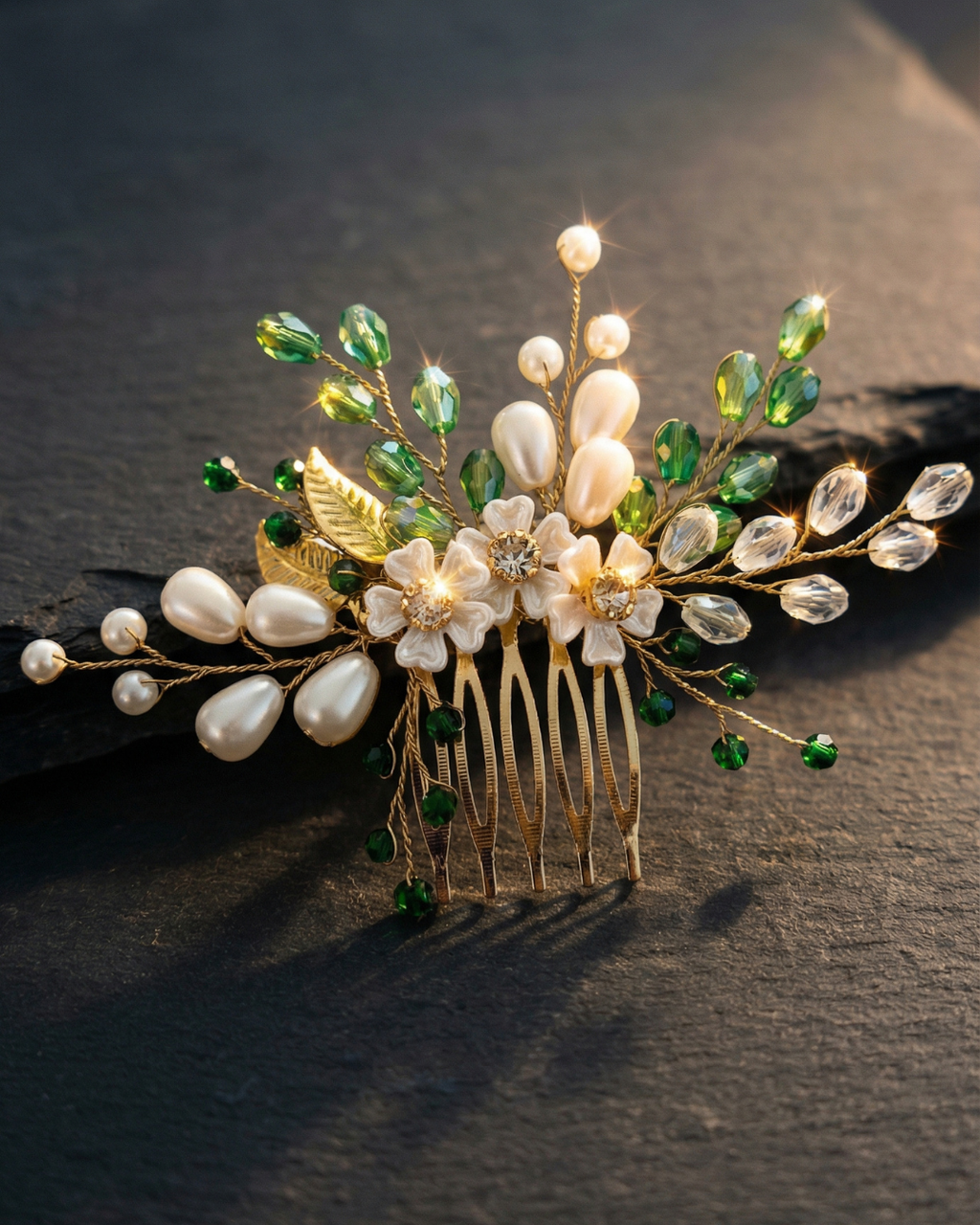 The Verdelle Pearl & Green Crystal Hair Comb — Pearls Glam Studio, view 3 of 5