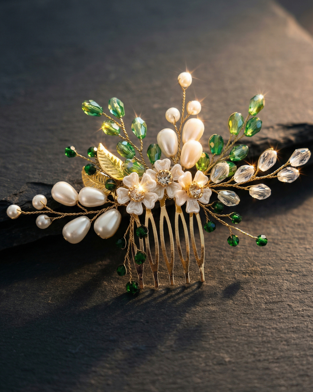 The Verdelle Pearl & Green Crystal Hair Comb — Pearls Glam Studio, view 3 of 5