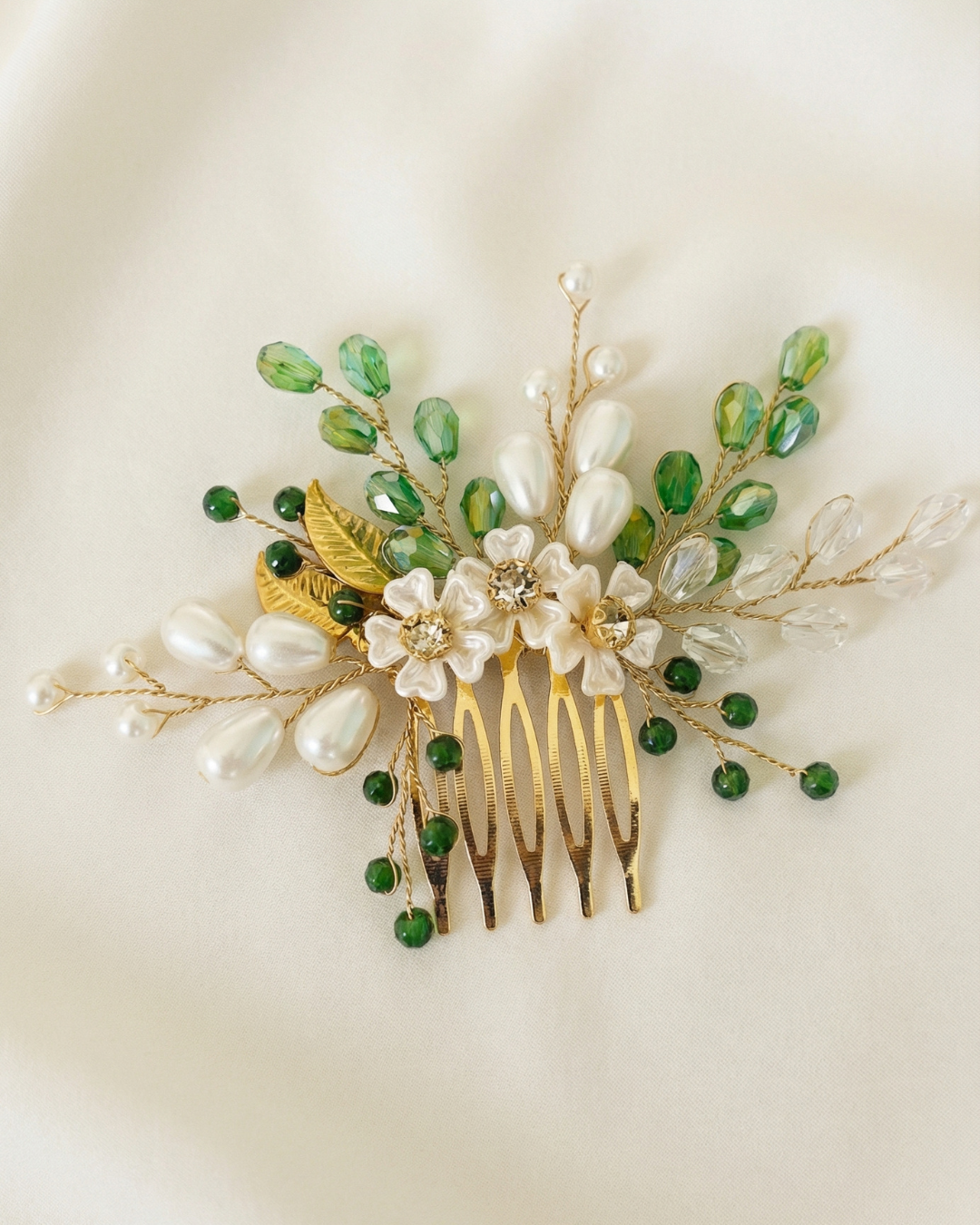 The Verdelle Pearl & Green Crystal Hair Comb — Pearls Glam Studio, view 1 of 5