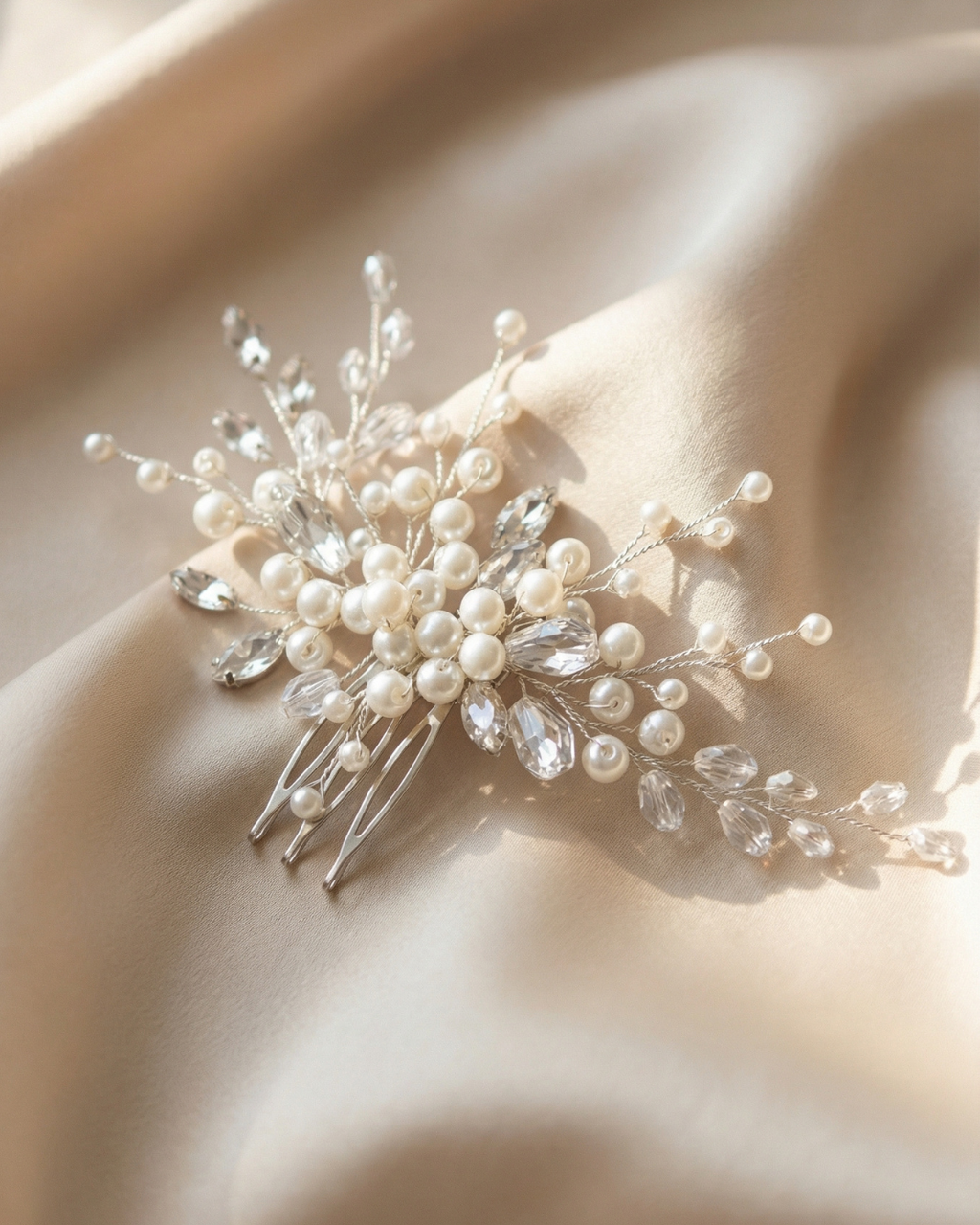 The Elara ivory pearl spray hair comb with rhinestones — Pearls Glam Studio