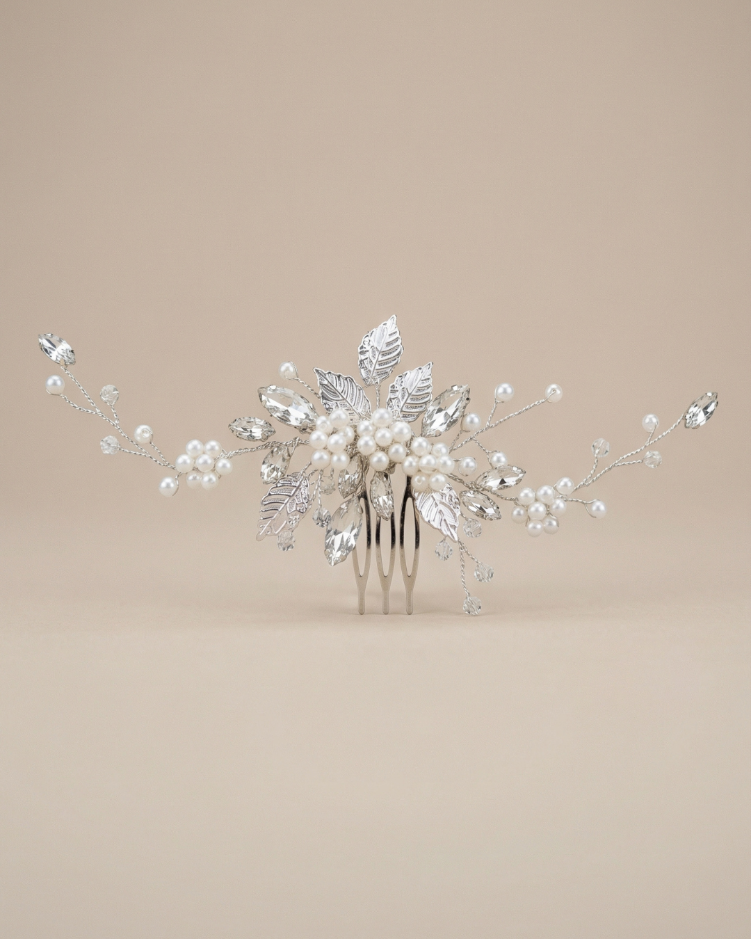 The Liora Silver Leaf Pearl Hair Comb — Pearls Glam Studio, view 4 of 9