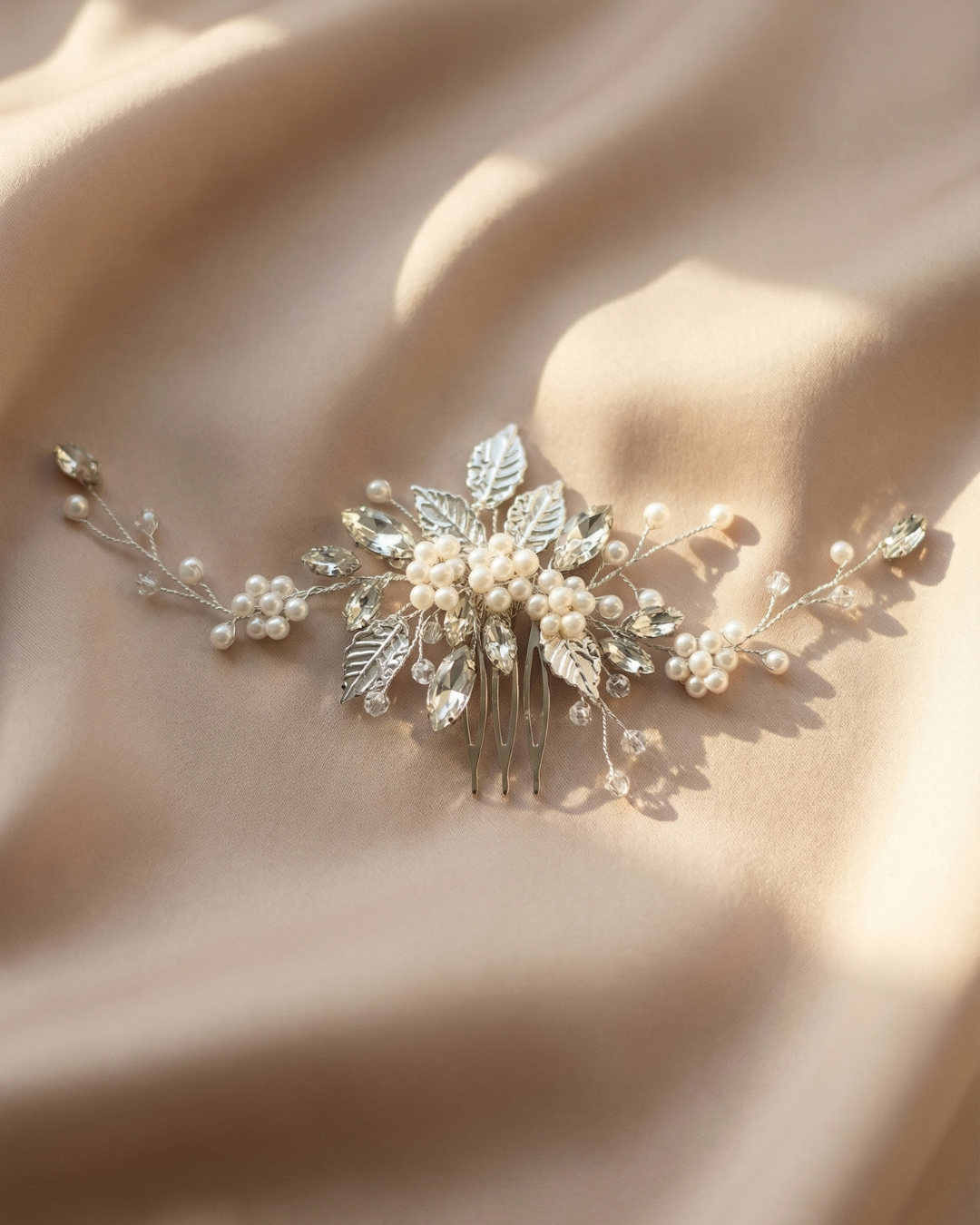 The Liora Silver Leaf Pearl Hair Comb — Pearls Glam Studio, view 5 of 9