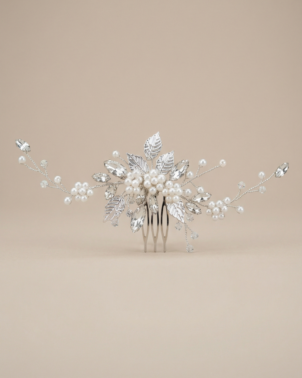 The Liora Silver Leaf Pearl Hair Comb — Pearls Glam Studio, view 6 of 9