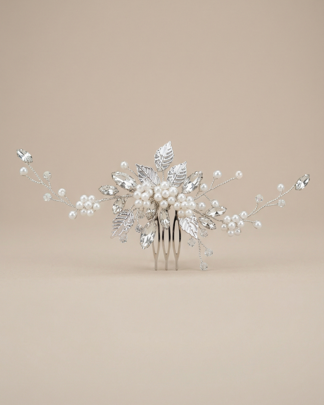The Liora Silver Leaf Pearl Hair Comb — Pearls Glam Studio, view 6 of 9