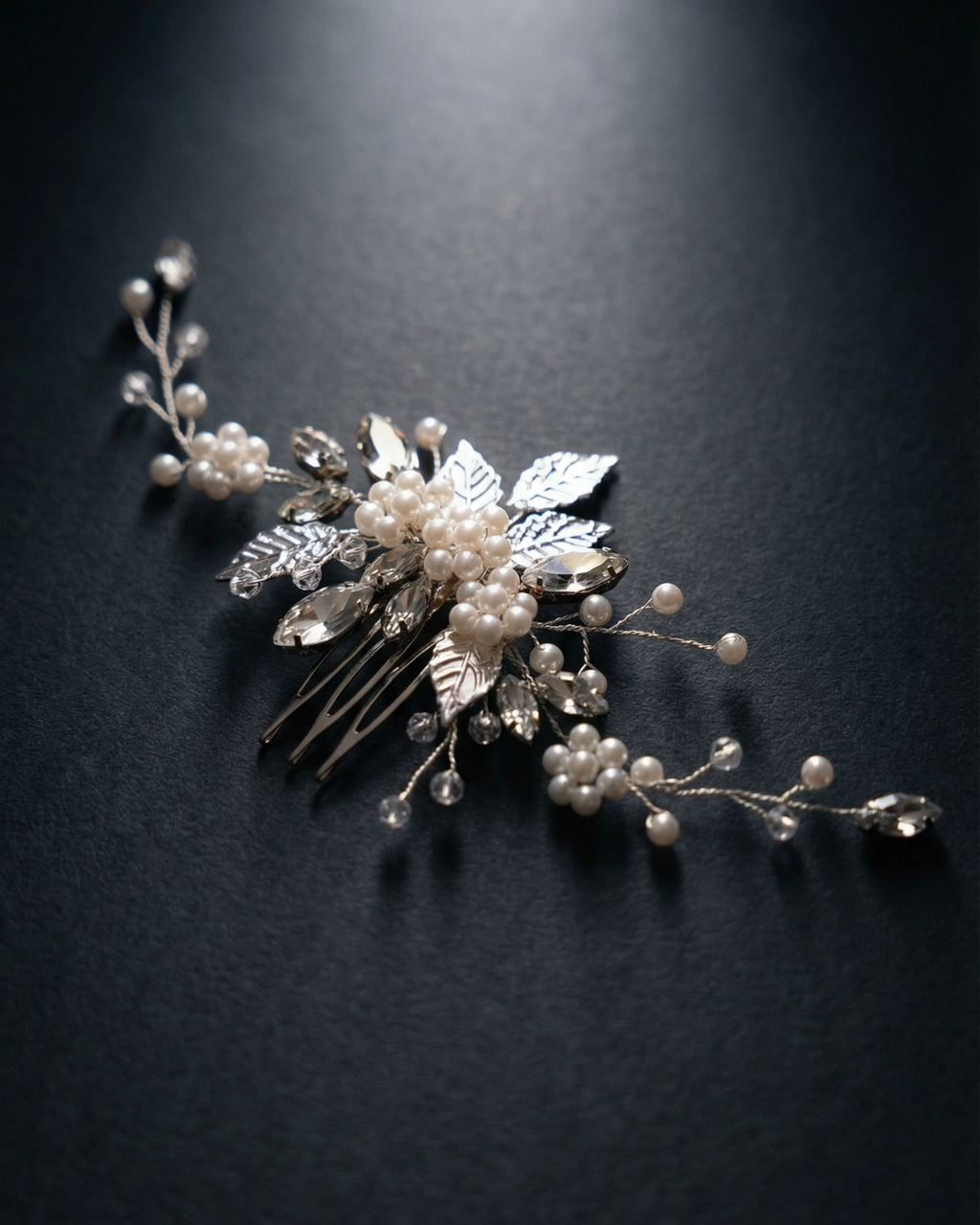 The Liora Silver Leaf Pearl Hair Comb — Pearls Glam Studio, view 7 of 9