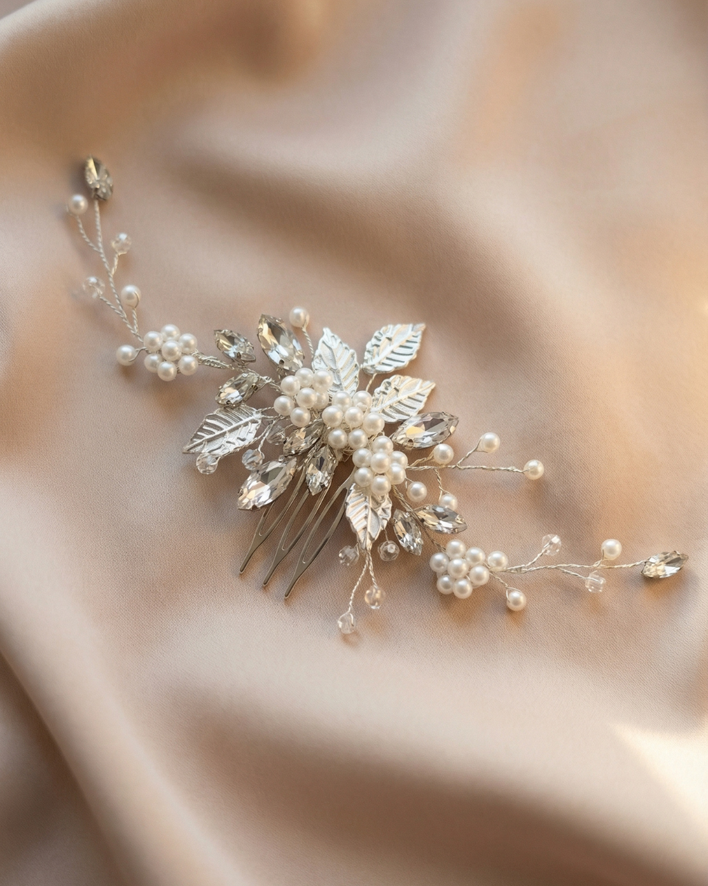 The Liora Silver Leaf Pearl Hair Comb — Pearls Glam Studio, view 1 of 9