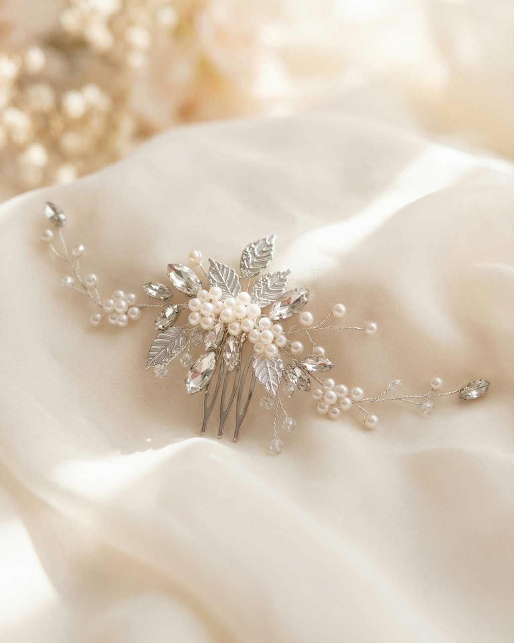 The Liora Silver Leaf Pearl Hair Comb — Pearls Glam Studio, view 8 of 9