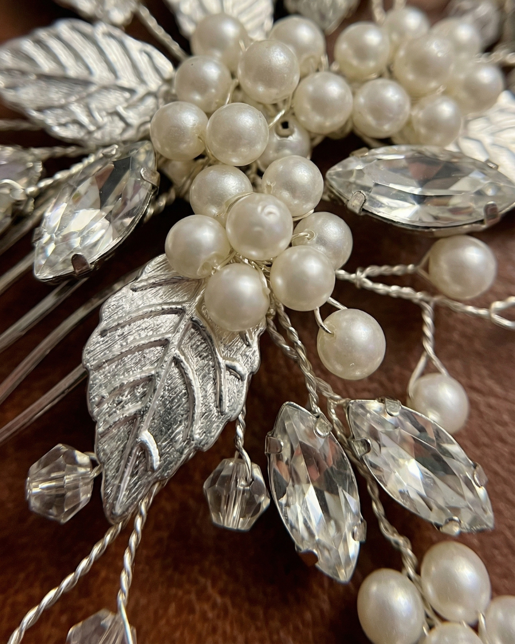 The Liora Silver Leaf Pearl Hair Comb — Pearls Glam Studio, view 9 of 9