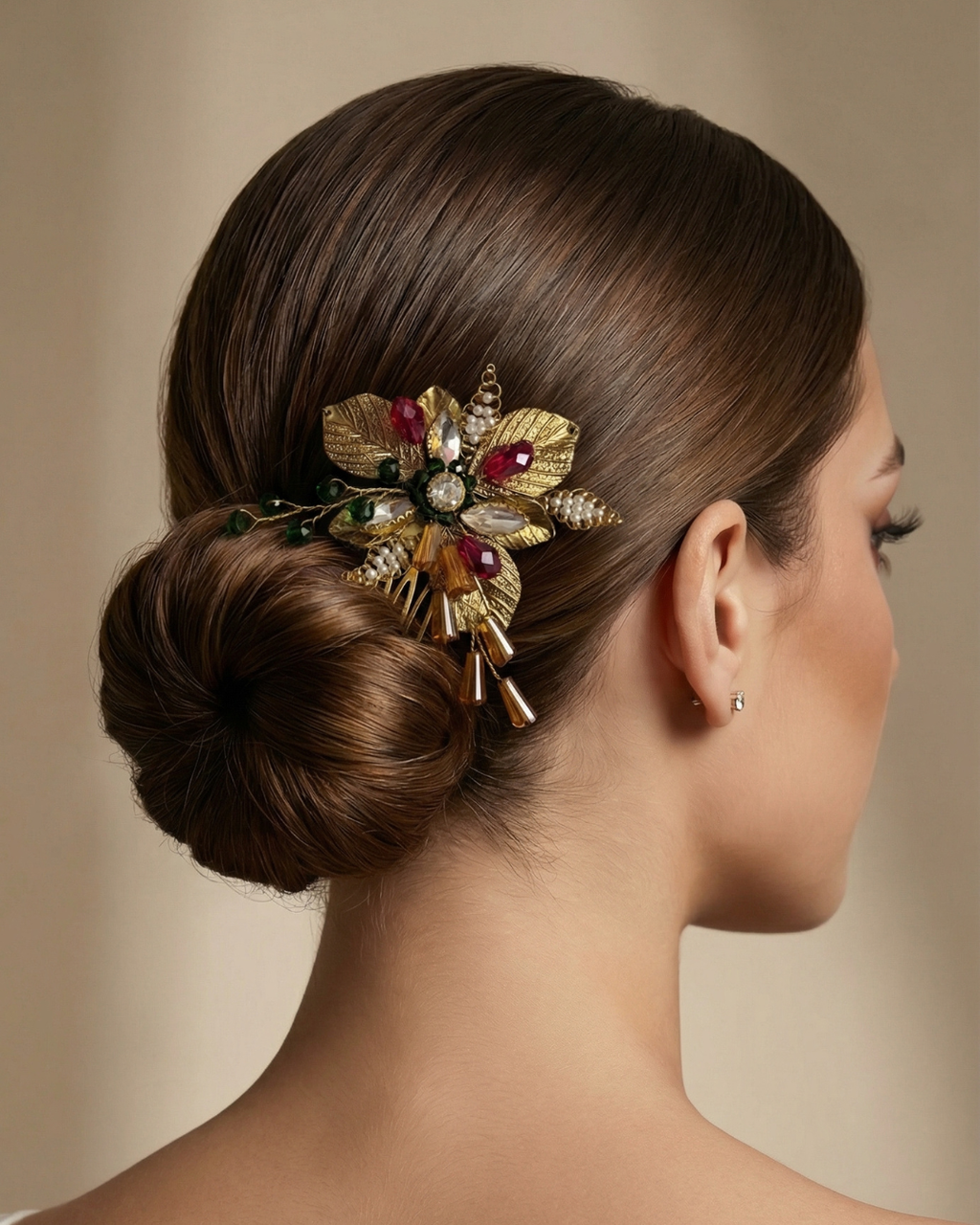 The Regal Bloom Gold Hair Comb – Ruby & Emerald Edition — Pearls Glam Studio, view 3 of 6