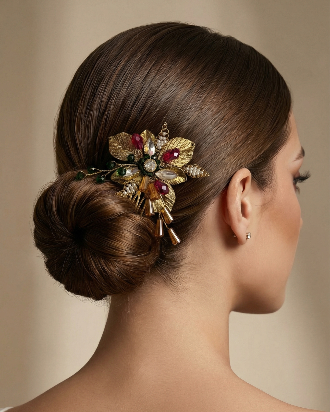The Regal Bloom Gold Hair Comb – Ruby & Emerald Edition — Pearls Glam Studio, view 3 of 6