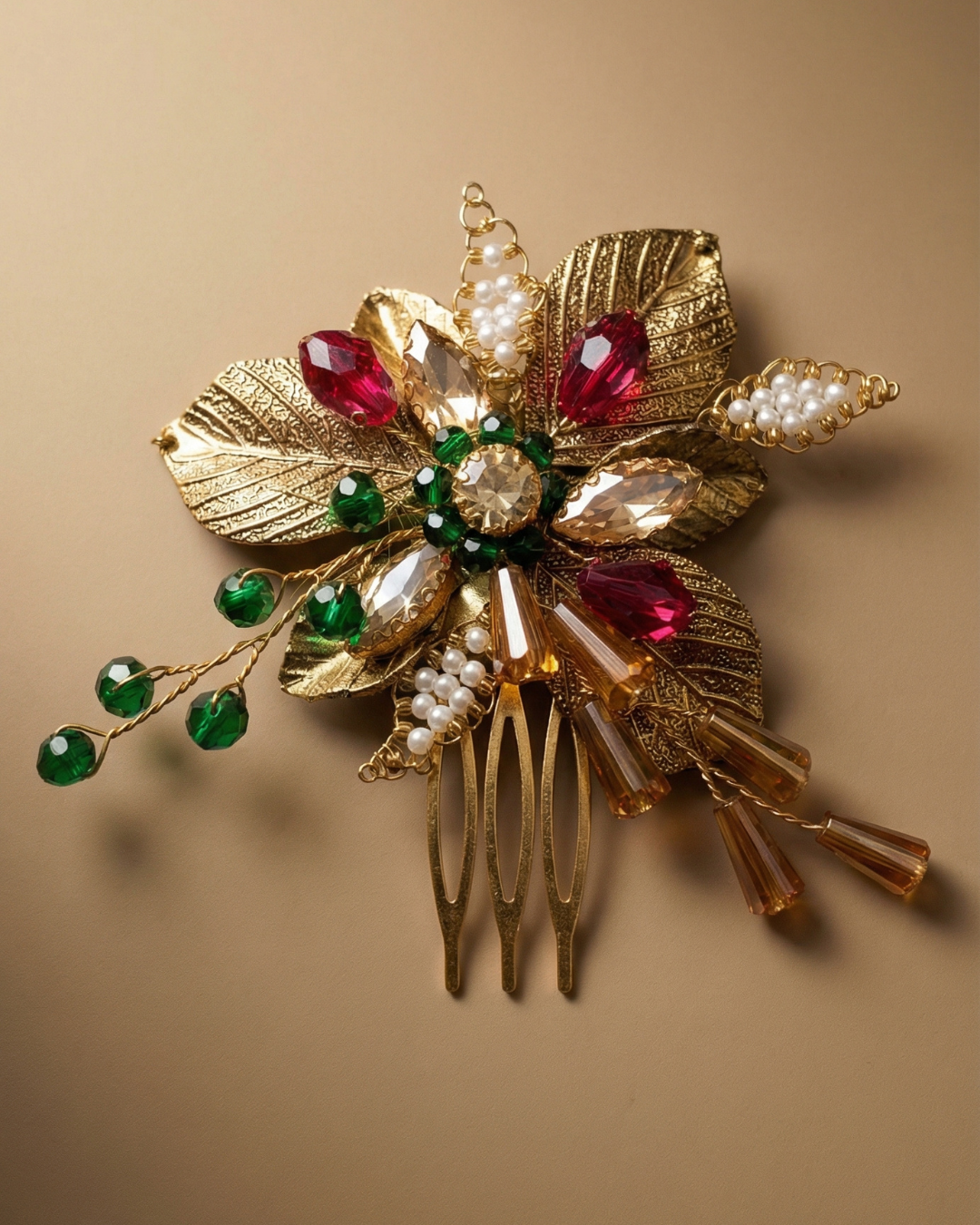The Regal Bloom Gold Hair Comb – Ruby & Emerald Edition — Pearls Glam Studio, view 1 of 6