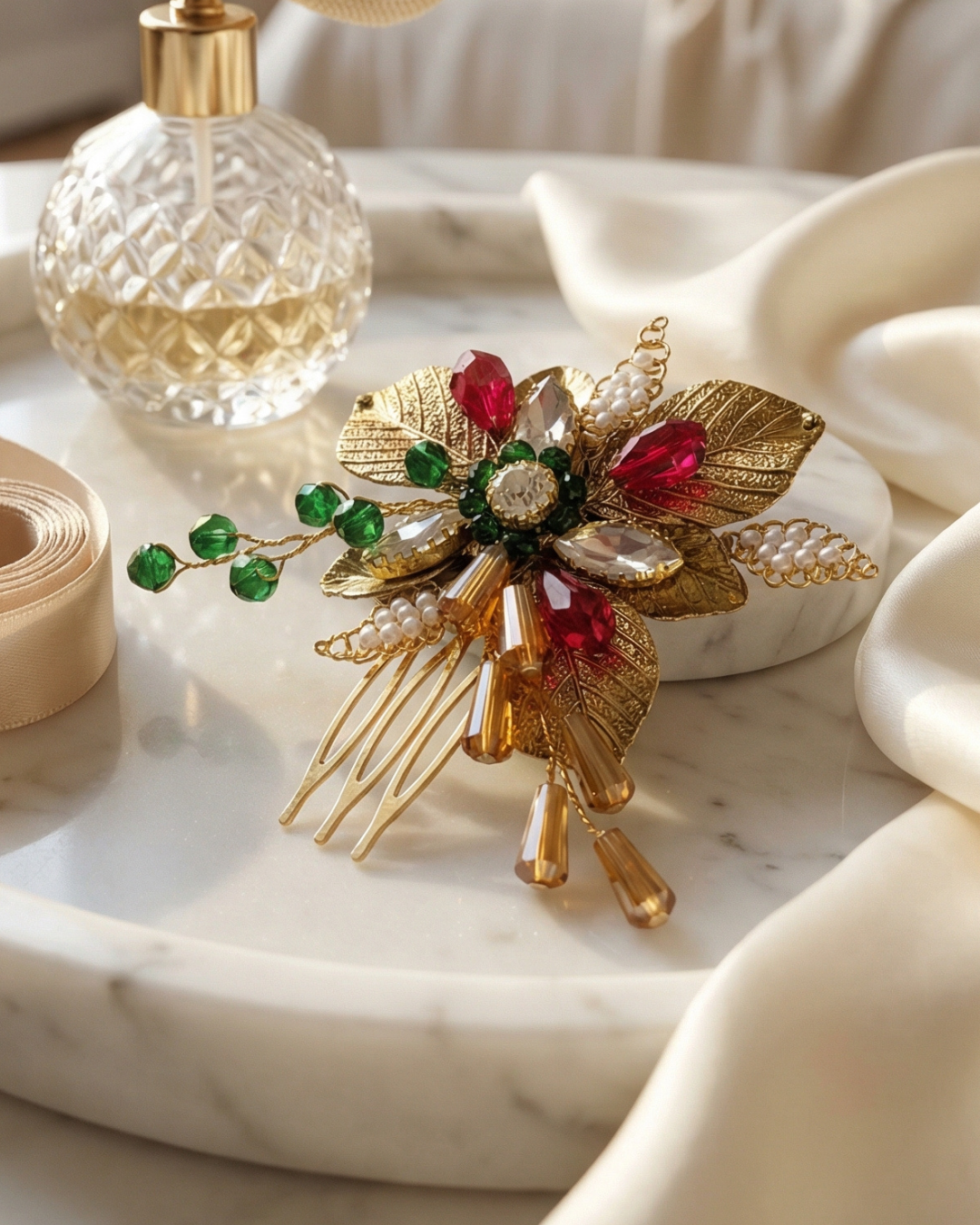 The Regal Bloom Gold Hair Comb – Ruby & Emerald Edition — Pearls Glam Studio, view 4 of 6