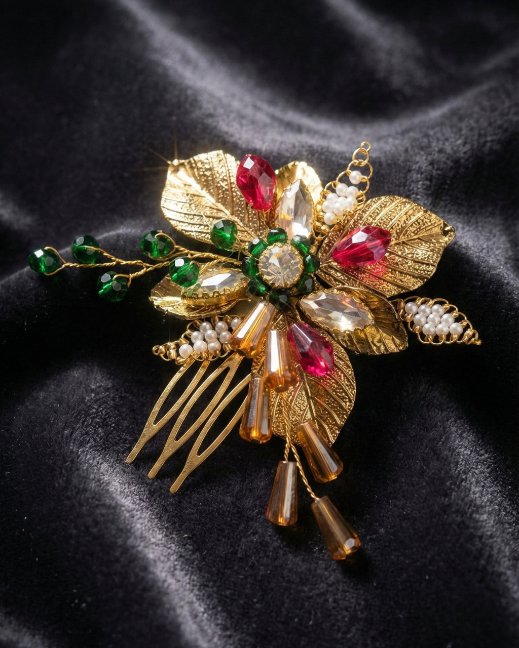 The Regal Bloom Gold Hair Comb – Ruby & Emerald Edition — Pearls Glam Studio, view 5 of 6