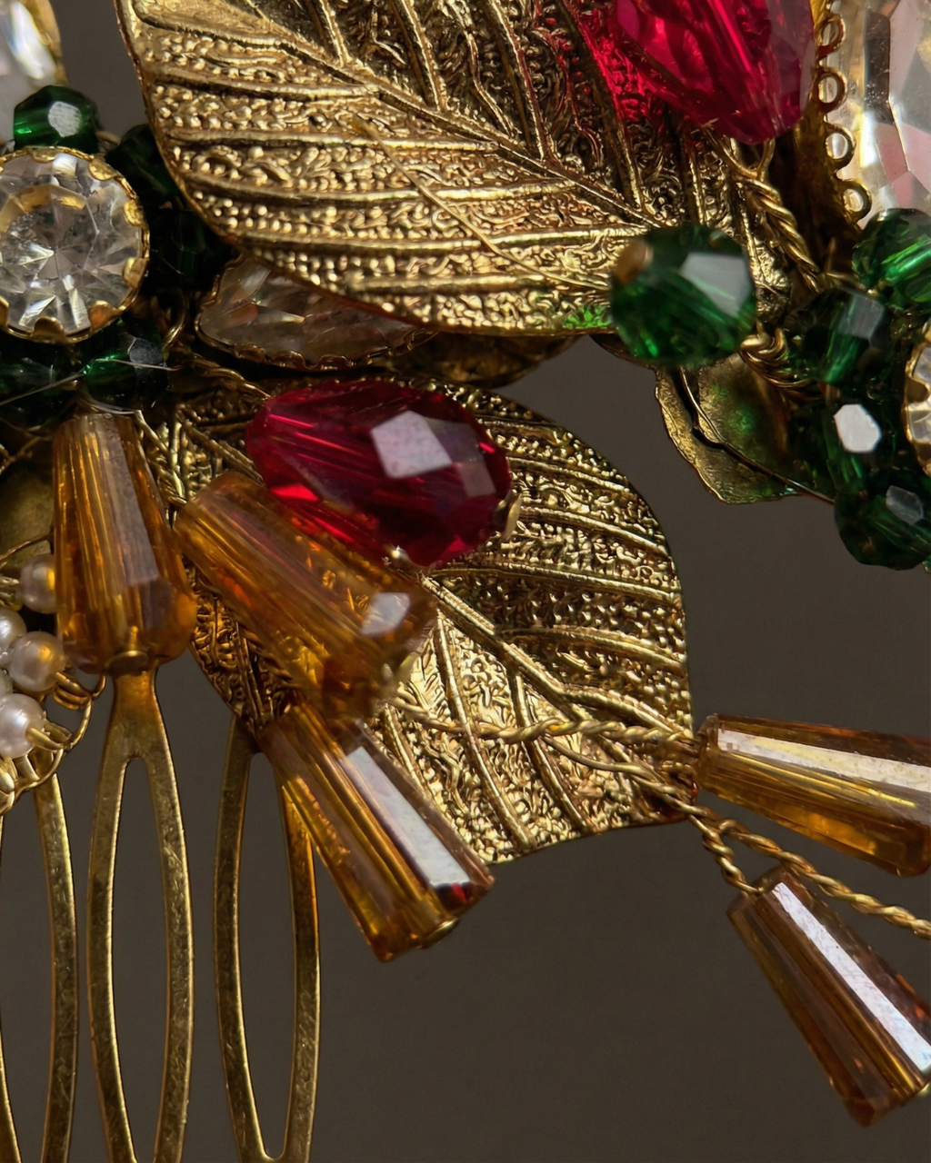 The Regal Bloom Gold Hair Comb – Ruby & Emerald Edition — Pearls Glam Studio, view 6 of 6