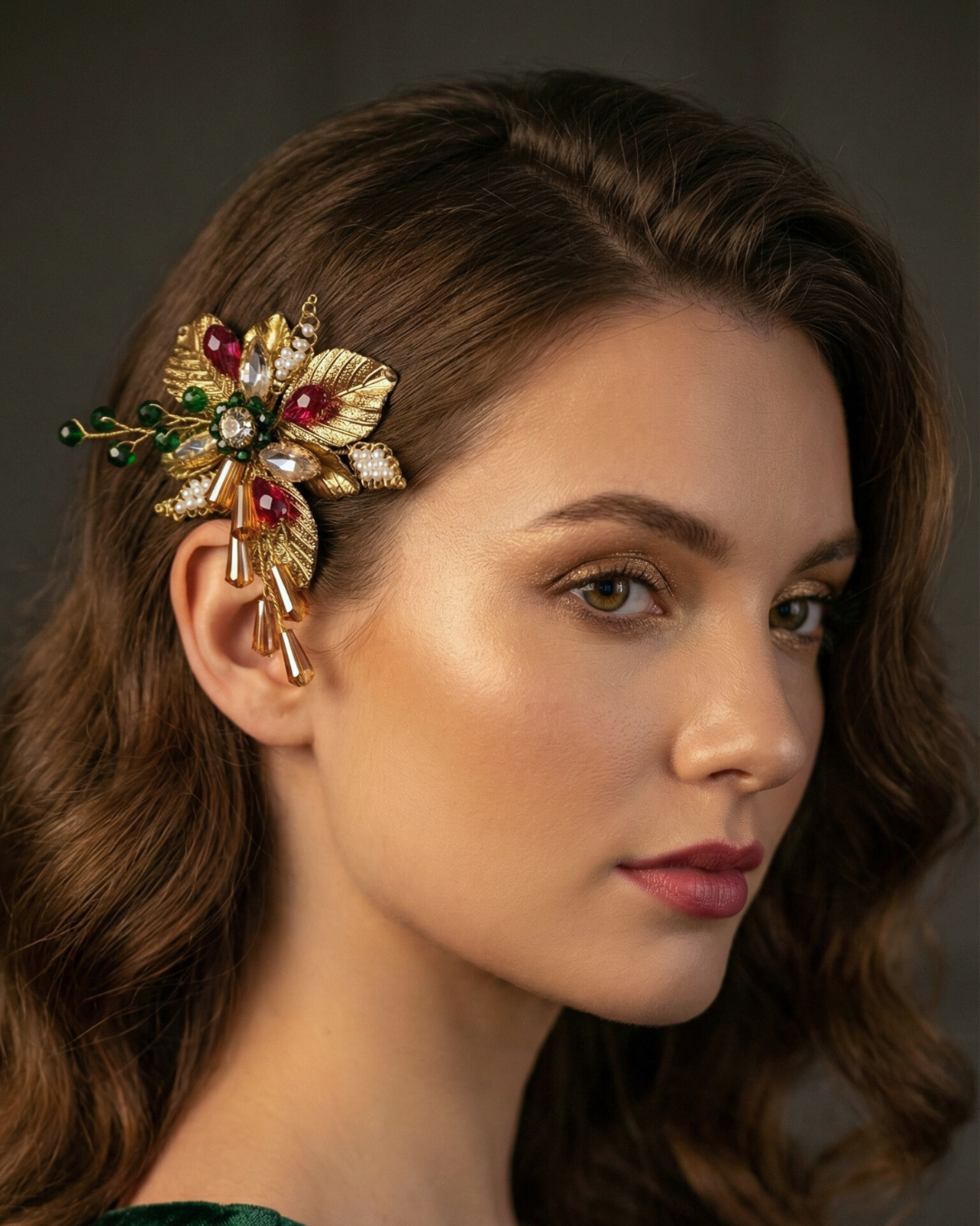 The Regal Bloom Gold Hair Comb – Ruby & Emerald Edition — Pearls Glam Studio, view 2 of 6