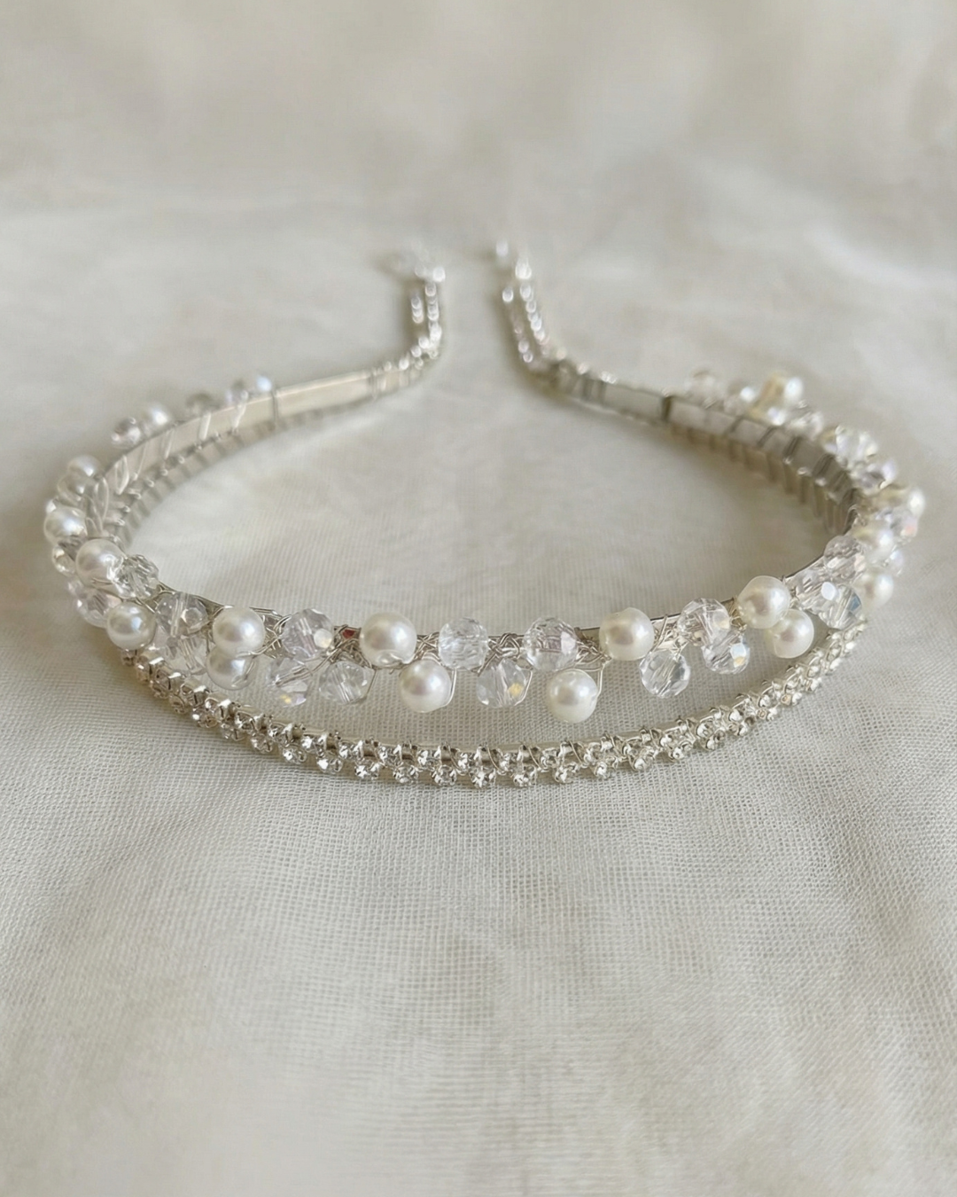 The Alina double silver hair band with pearls and rhinestones — Pearls Glam Studio