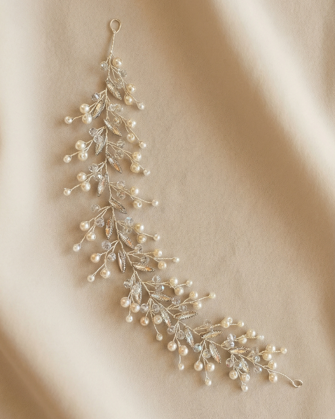 The Serene silver hair vine with ivory pearls and clear crystals — Pearls Glam Studio