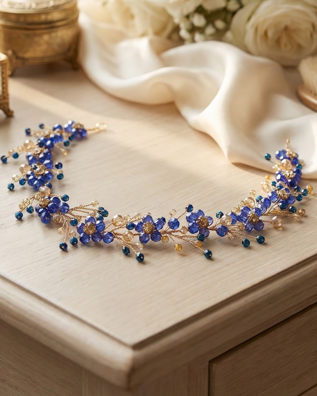 Sapphire Blue Crystal Hair Vine — Pearls Glam Studio, view 5 of 6