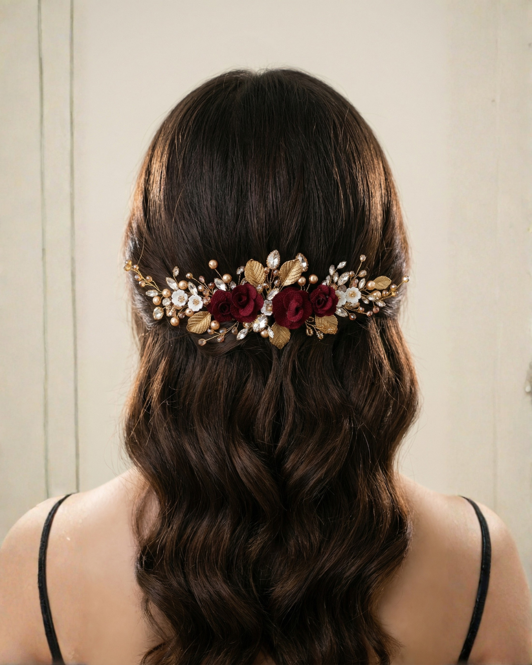 Burgundy Rose Vine Hair Piece - Signature — Pearls Glam Studio, view 2 of 4
