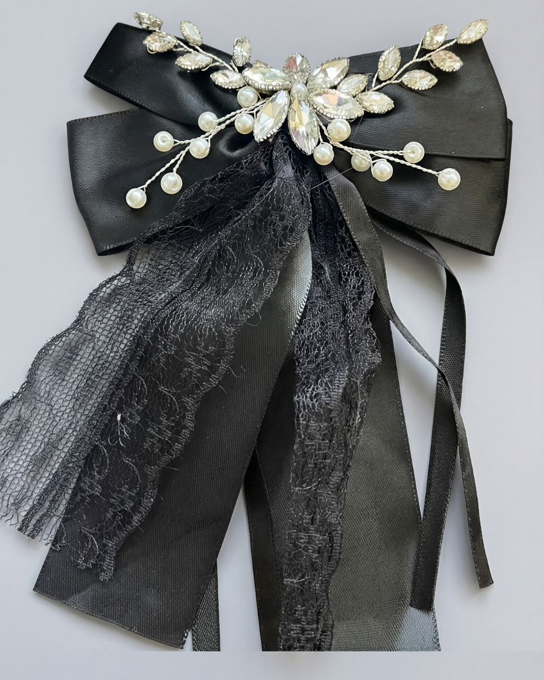 Midnight Silk Lace Bow Hair Clip — Pearls Glam Studio, view 3 of 6