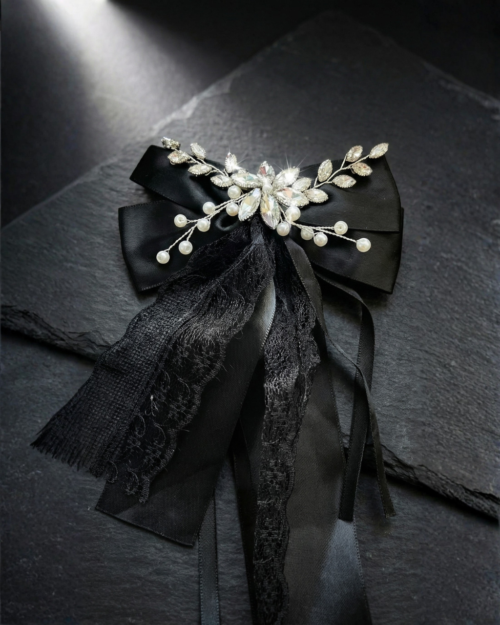 Midnight Silk Lace Bow Hair Clip — Pearls Glam Studio, view 5 of 6