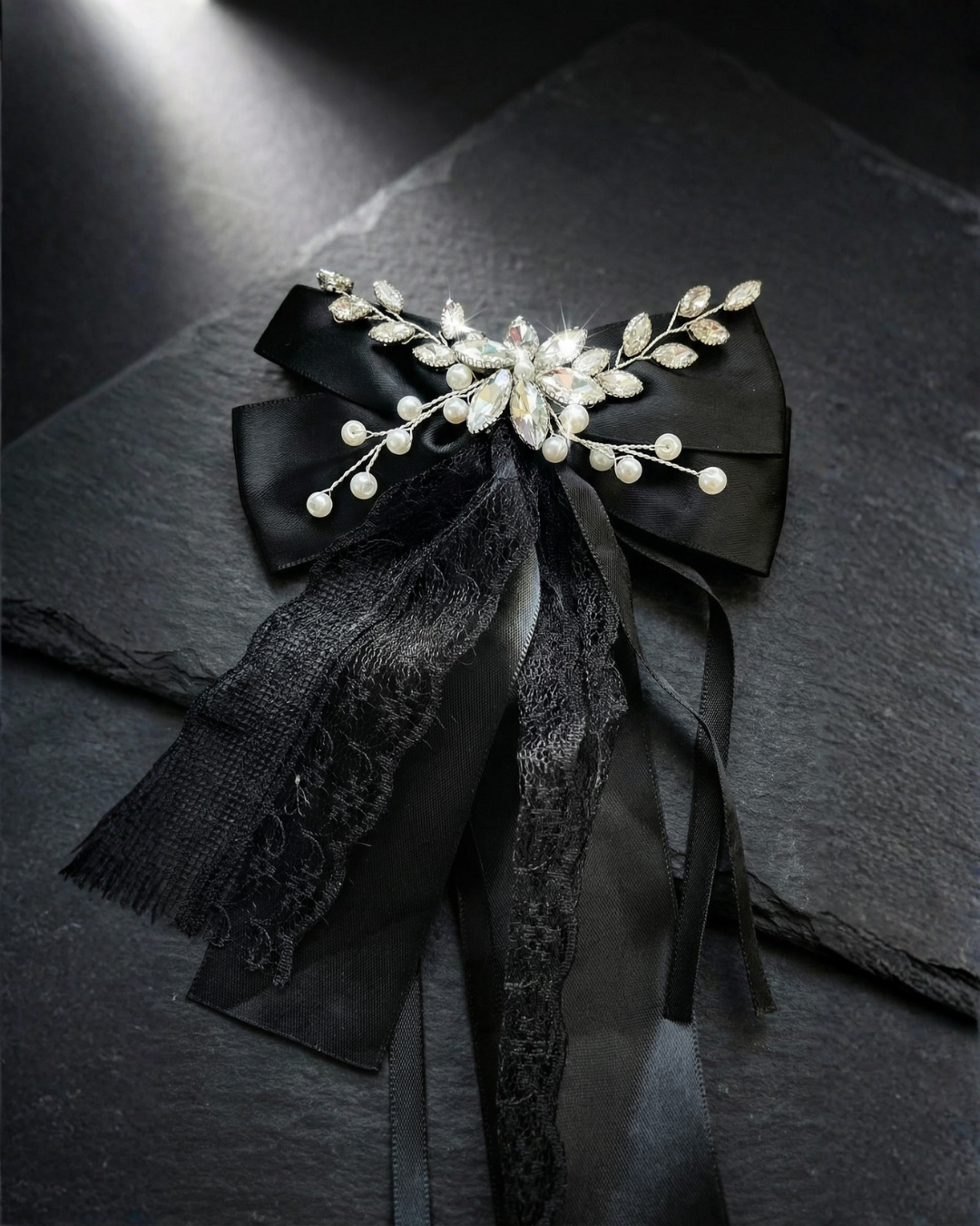 Midnight Silk Lace Bow Hair Clip — Pearls Glam Studio, view 5 of 6