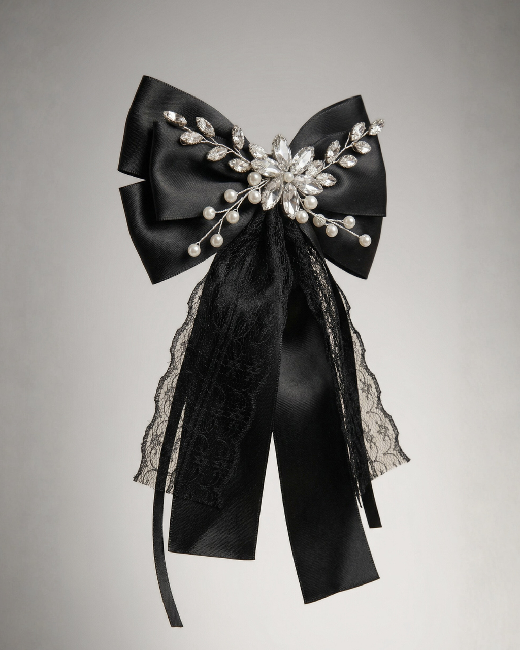 Midnight Silk Lace Bow Hair Clip — Pearls Glam Studio, view 1 of 6