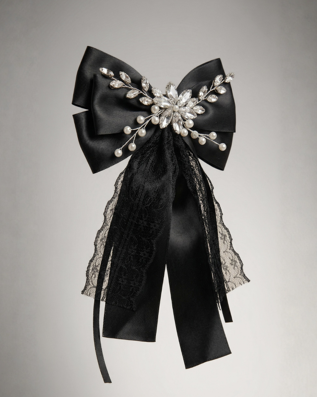 Midnight Silk Lace Bow Hair Clip — Pearls Glam Studio, view 1 of 6