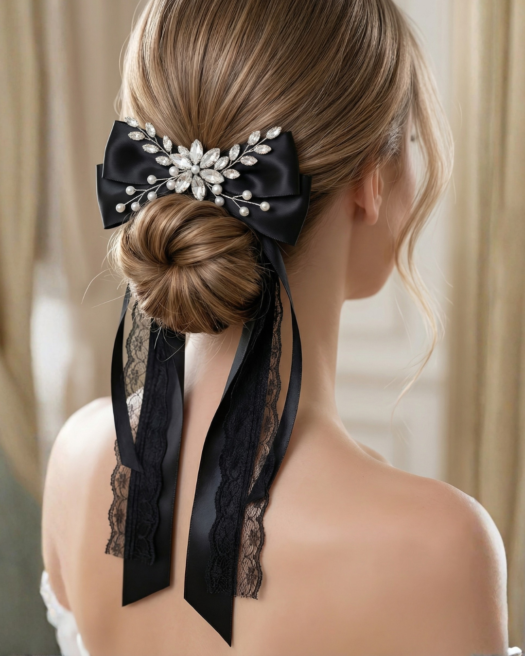 Midnight Silk Lace Bow Hair Clip — Pearls Glam Studio, view 4 of 6