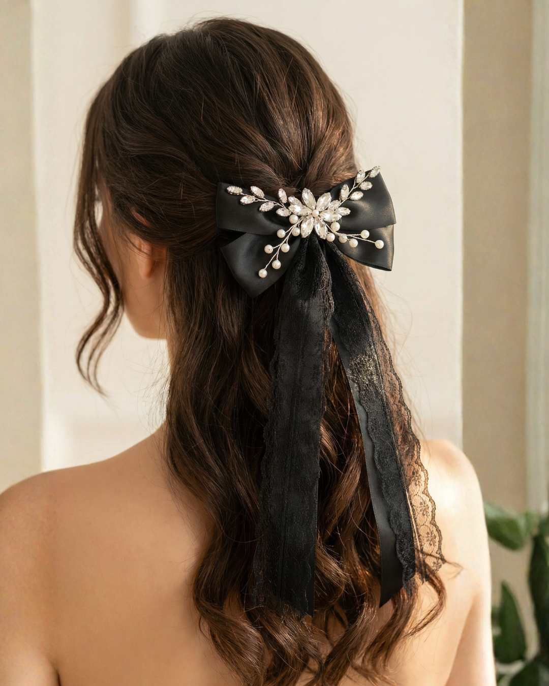 Midnight Silk Lace Bow Hair Clip — Pearls Glam Studio, view 2 of 6