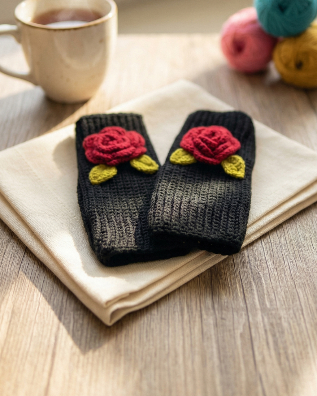 Handmade Wool Knit Fingerless Gloves – Rose Detail (Pair) — Pearls Glam Studio, view 3 of 5