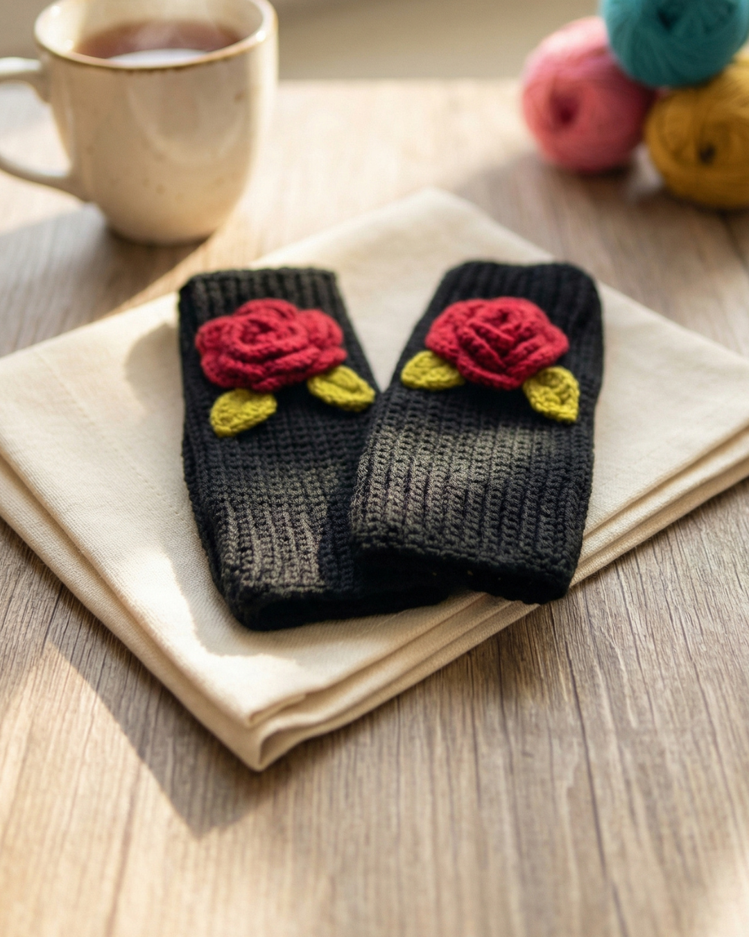 Handmade Wool Knit Fingerless Gloves – Rose Detail (Pair) — Pearls Glam Studio, view 3 of 5