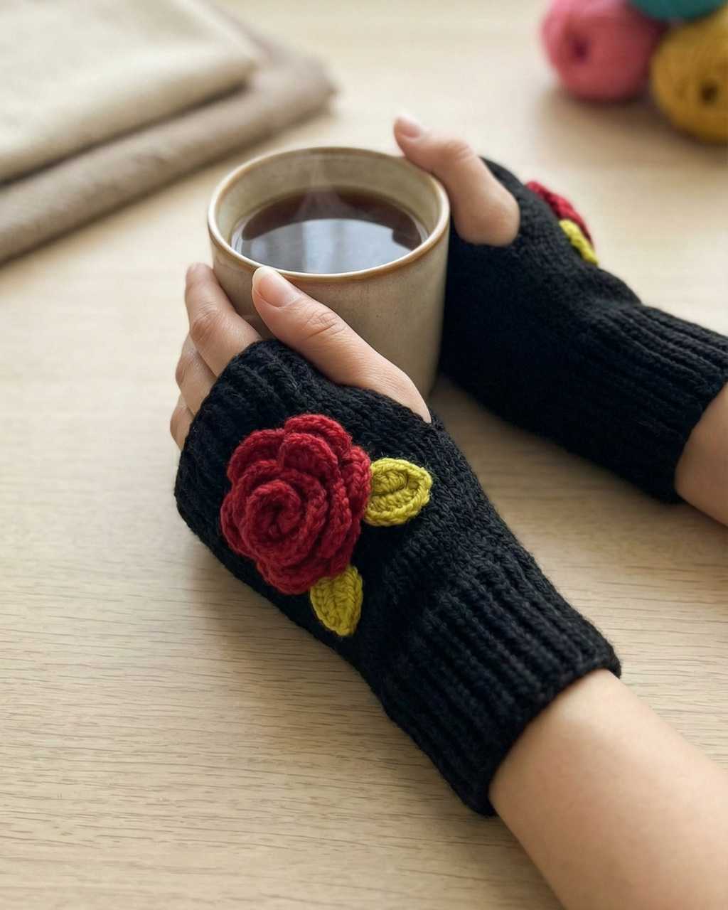 Handmade Wool Knit Fingerless Gloves – Rose Detail (Pair) — Pearls Glam Studio, view 4 of 5