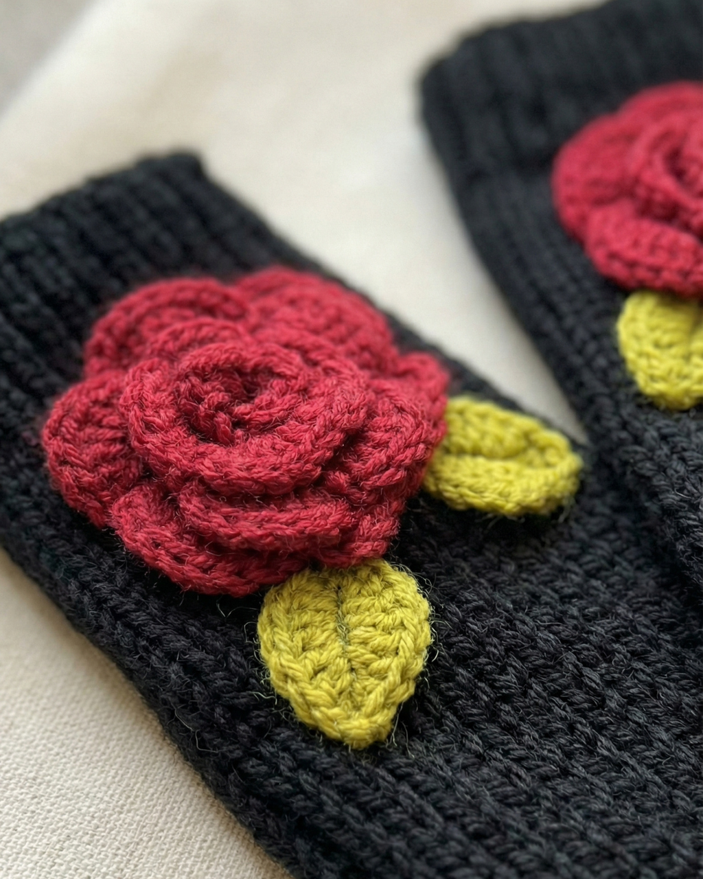 Handmade Wool Knit Fingerless Gloves – Rose Detail (Pair) — Pearls Glam Studio, view 2 of 5