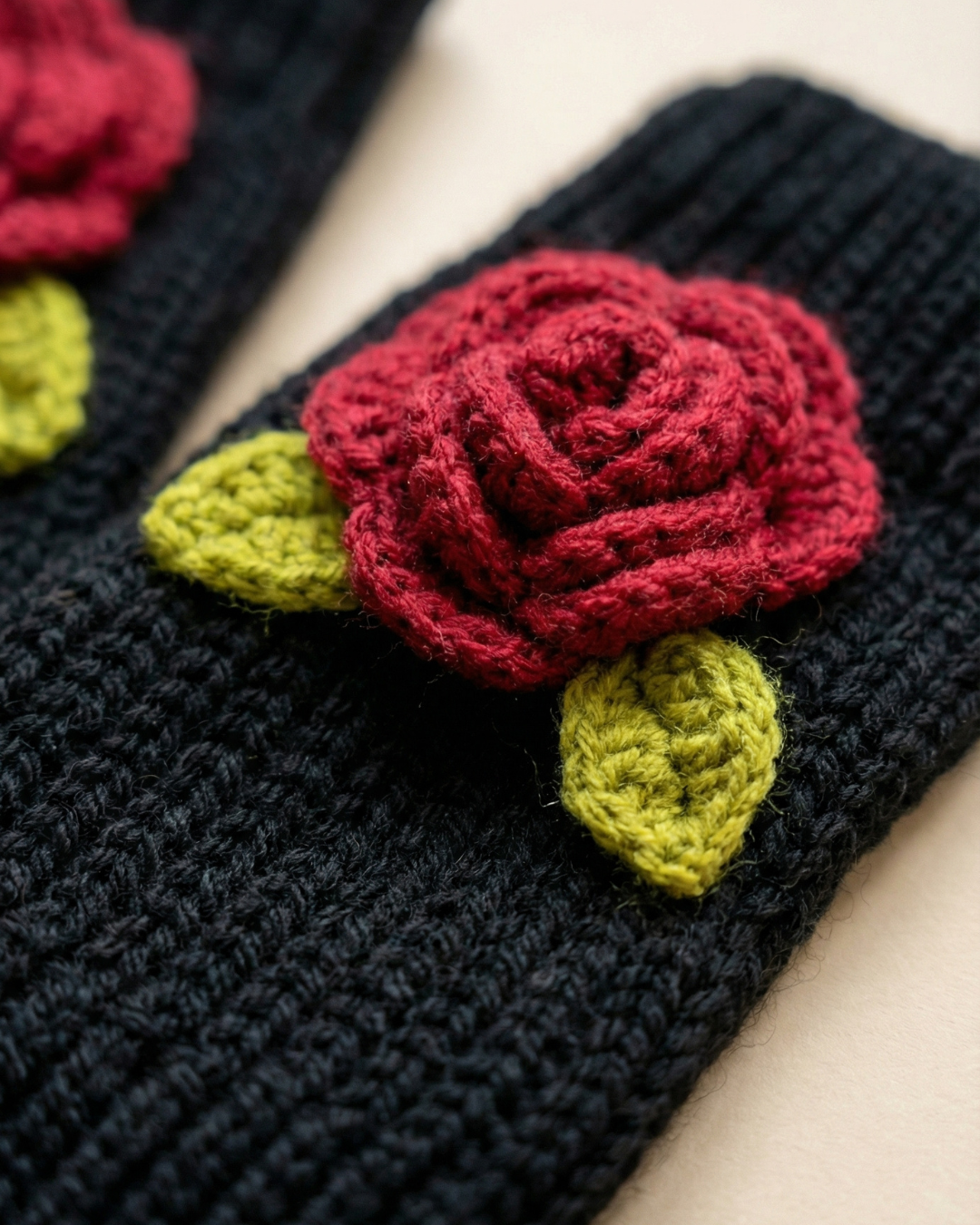 Handmade Wool Knit Fingerless Gloves – Rose Detail (Pair) — Pearls Glam Studio, view 5 of 5